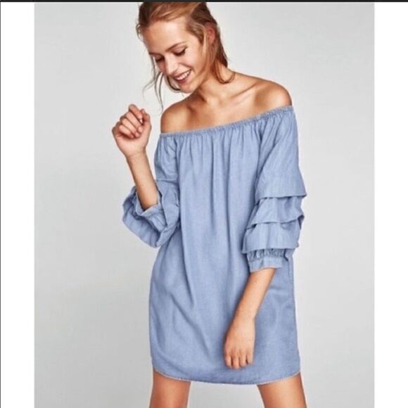 Zara Dresses | Zara Off The Shoulder Denim Dress - Picture 1 of 4